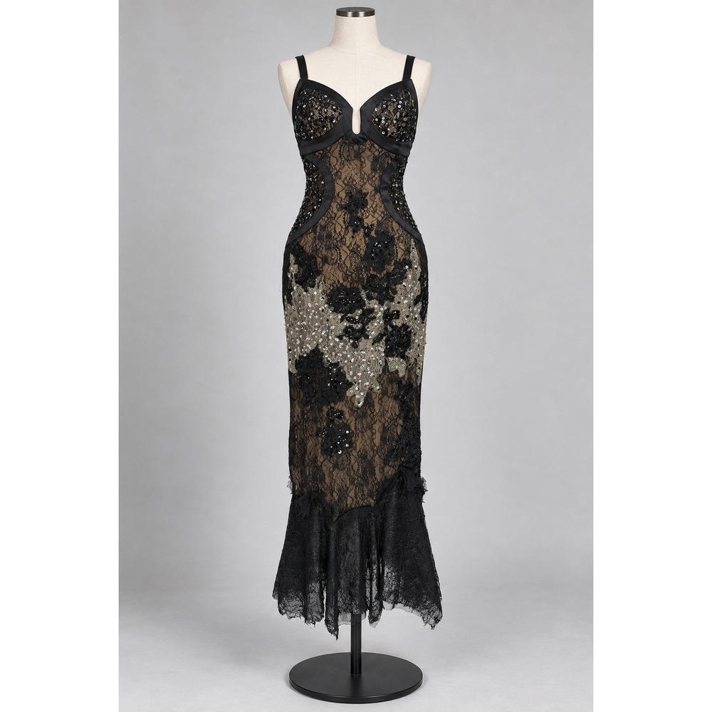 Archival Rare Y2K Mandalay Black Lace Sequin Gown Women 4 Mermaid Glamour Fairy